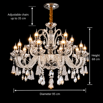 Żyrandol Kryształowy 15xE14, G95cm, Srebrny, Regulowana Wysokość, Metal i Kryształ