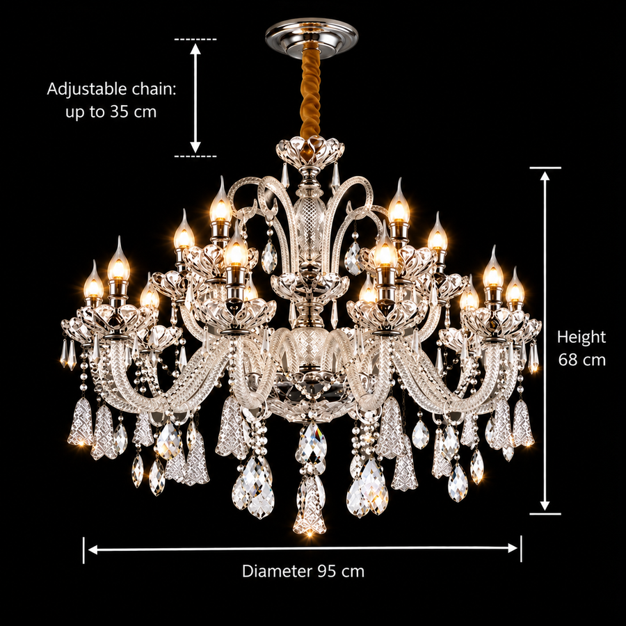 Żyrandol Kryształowy 15xE14, G95cm, Srebrny, Regulowana Wysokość, Metal i Kryształ