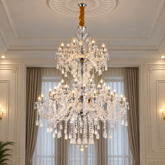 Żyrandol Kryształowy, 55xE14, Średnica 145cm, Wysokość 230cm, Srebrny, Regulowana Wysokość, Elegancki Design