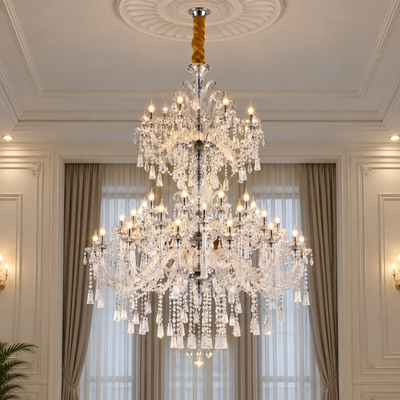 Żyrandol Kryształowy, 55xE14, Średnica 145cm, Wysokość 230cm, Srebrny, Regulowana Wysokość, Elegancki Design