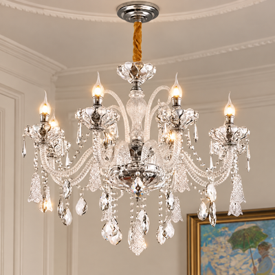 Żyrandol Kryształowy 6xE14, G68cm, Srebrny, Regulowana Wysokość, Metal i Kryształ