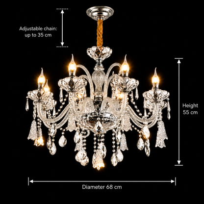 Żyrandol Kryształowy 6xE14, G68cm, Srebrny, Regulowana Wysokość, Metal i Kryształ