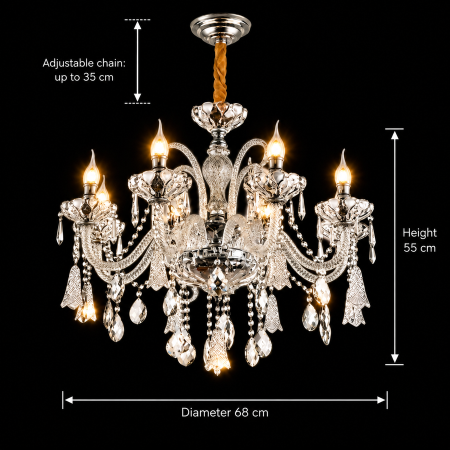 Żyrandol Kryształowy 6xE14, G68cm, Srebrny, Regulowana Wysokość, Metal i Kryształ