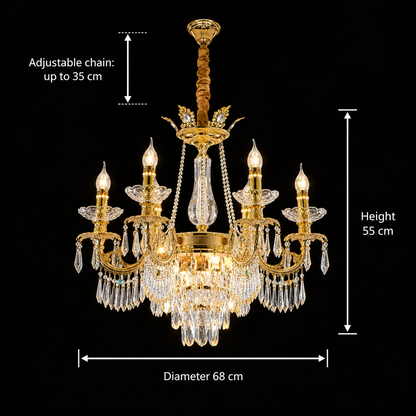 Żyrandol kryształowy 9xE14, śr. 68cm, błyszczące złoto, regulowana wysokość, metal i kryształ