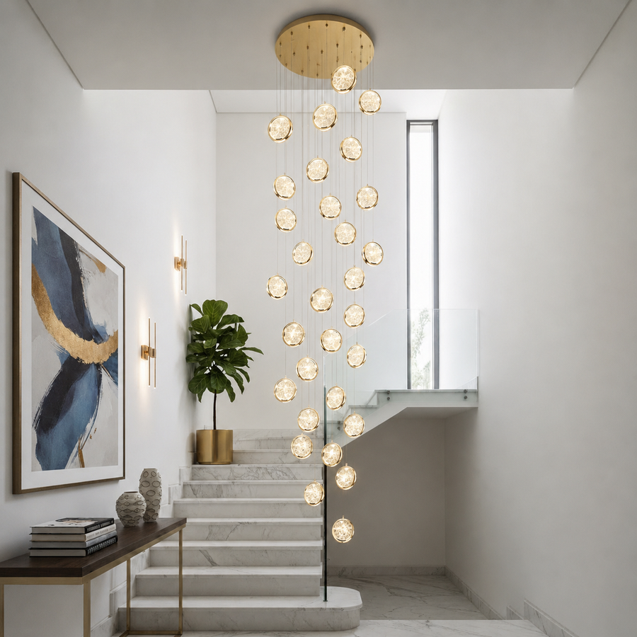 Zawieszany kryształowy żyrandol LED, Justynian, średnica 60 cm, regulowana wysokość, złoty, metal i kryształ