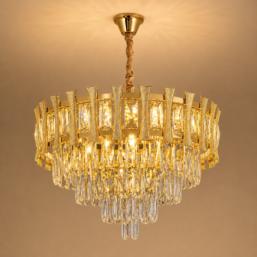 Żyrandol Kryształowy HAMPTON Eleganza 8x E14, średnica 49cm, Błyszczące Złoto, Regulowana Wysokość