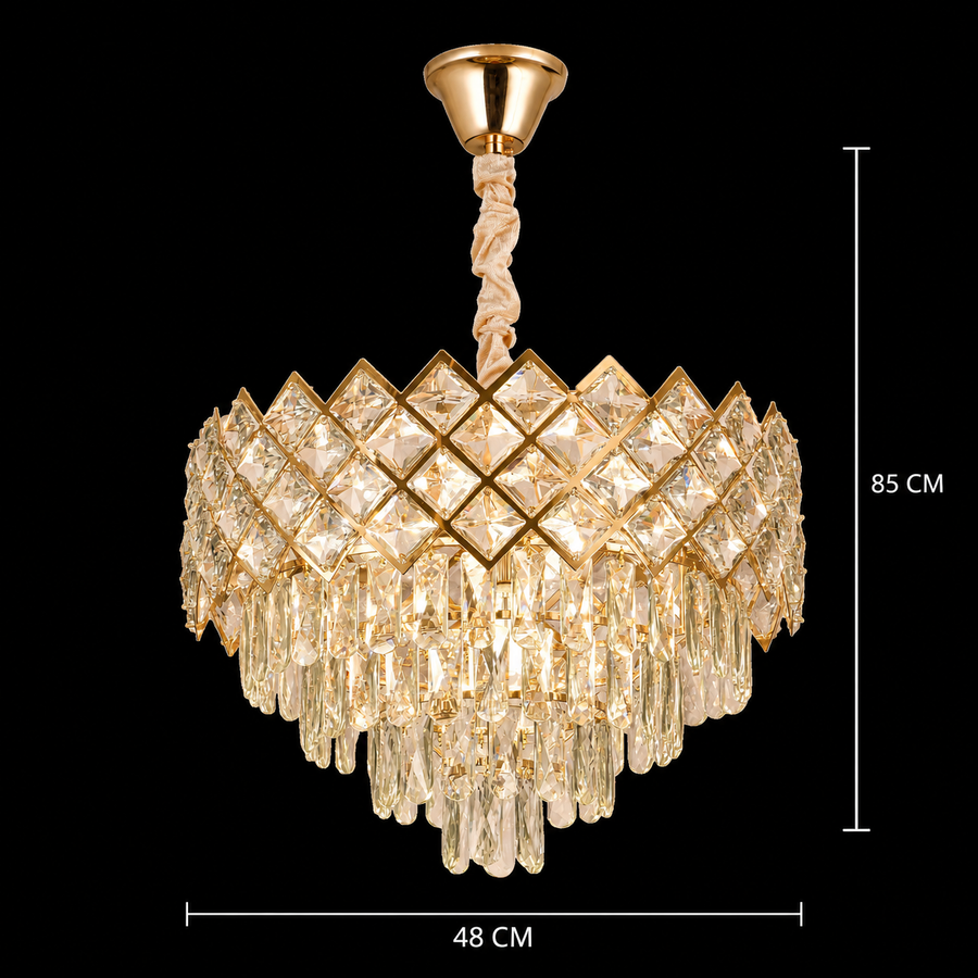 Żyrandol Kryształowy VECTORIA Elegance 8xE14, średnica 48cm, złoty, regulowana wysokość, metal i kryształ