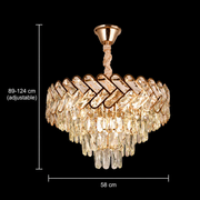 Candelabru Cristal VECTOR Magn 8xE14, Diametru 58cm, Auriu Lucios, Inaltime Reglabila, Metal si Cristal