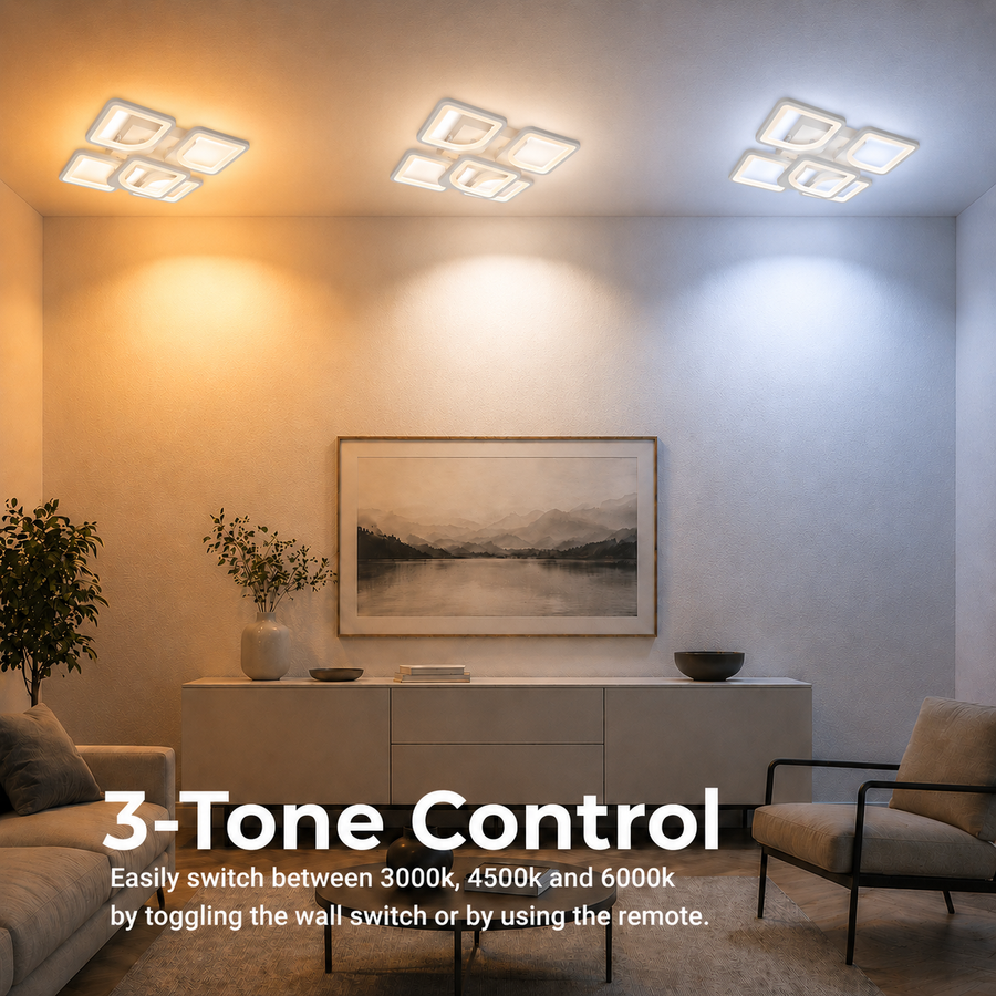 Żyrandol LED z pilotem ZOE 96W, 5 kwadratów, światło zimne/ciepłe/neutralne, ściemnialny, biały
