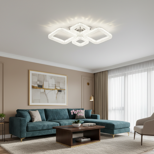 Żyrandol LED MOND Elegance z pilotem i kryształem, 72W, 4 kwadraty, światło zimne/ciepłe/neutralne, możliwość przyciemniania, biały