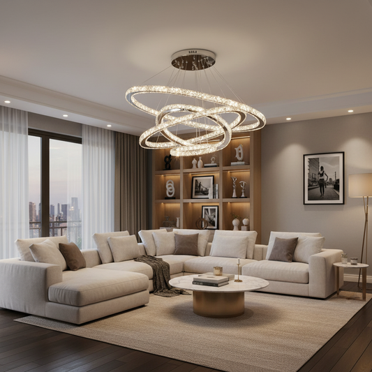 Żyrandol LED Luminous PRISM, kryształ i metal, 210 W, 4 koła, możliwość przyciemniania, światło zimne/ciepłe/neutralne, luksusowe oświetlenie
