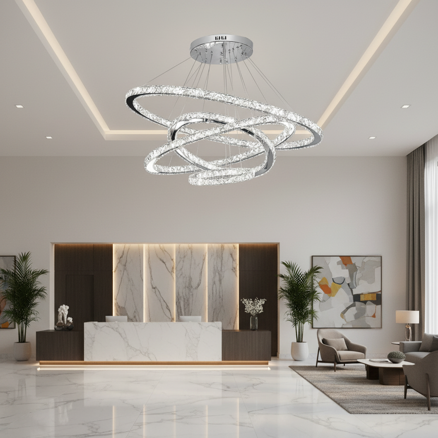 Żyrandol LED Luminous PRISM, kryształ i metal, 210 W, 4 koła, możliwość przyciemniania, światło zimne/ciepłe/neutralne, luksusowe oświetlenie