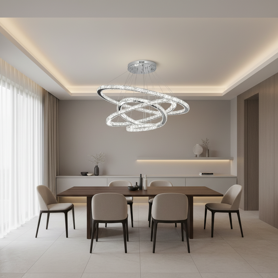 Żyrandol LED Luminous PRISM, kryształ i metal, 210 W, 4 koła, możliwość przyciemniania, światło zimne/ciepłe/neutralne, luksusowe oświetlenie
