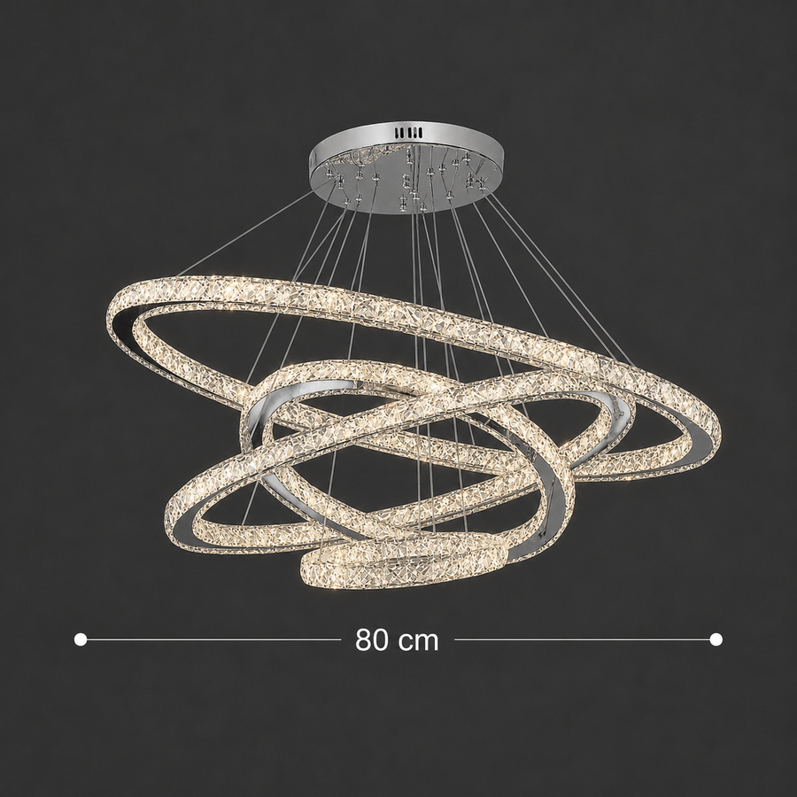 Żyrandol LED Luminous PRISM, kryształ i metal, 210 W, 4 koła, możliwość przyciemniania, światło zimne/ciepłe/neutralne, luksusowe oświetlenie