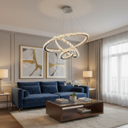 Zawieszany żyrandol LED z pilotem i kryształem PRISM LUMINIS 78,3 W, 3 koła, światło zimne/ciepłe/neutralne, możliwość przyciemniania, srebrny, regulacja wysokości