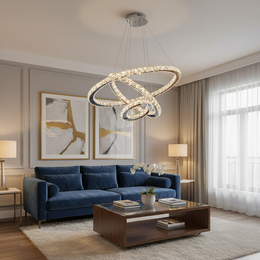 Zawieszany żyrandol LED z pilotem i kryształem PRISM LUMINIS 78,3 W, 3 koła, światło zimne/ciepłe/neutralne, możliwość przyciemniania, srebrny, regulacja wysokości