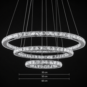 Zawieszany żyrandol LED z pilotem i kryształem PRISM LUMINIS 78,3 W, 3 koła, światło zimne/ciepłe/neutralne, możliwość przyciemniania, srebrny, regulacja wysokości