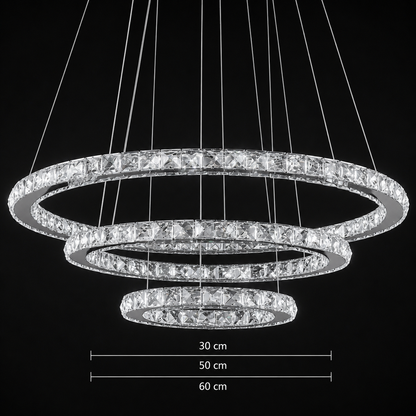 Zawieszany żyrandol LED z pilotem i kryształem PRISM LUMINIS 78,3 W, 3 koła, światło zimne/ciepłe/neutralne, możliwość przyciemniania, srebrny, regulacja wysokości