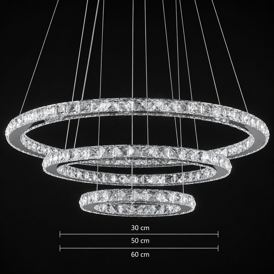 Zawieszany żyrandol LED z pilotem i kryształem PRISM LUMINIS 78,3 W, 3 koła, światło zimne/ciepłe/neutralne, możliwość przyciemniania, srebrny, regulacja wysokości