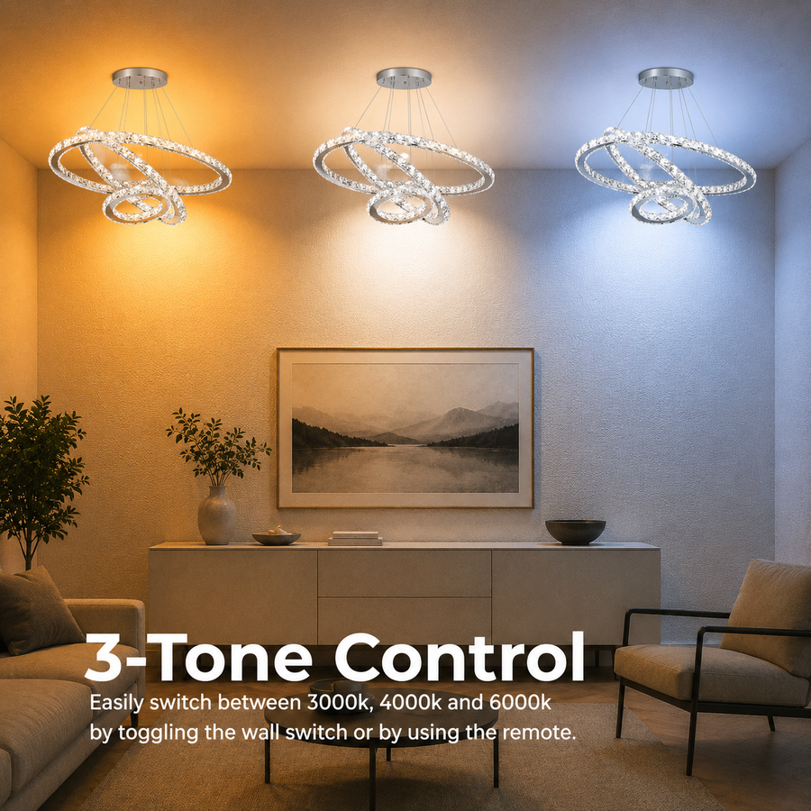 Zawieszany żyrandol LED z pilotem i kryształem PRISM LUMINIS 78,3 W, 3 koła, światło zimne/ciepłe/neutralne, możliwość przyciemniania, srebrny, regulacja wysokości