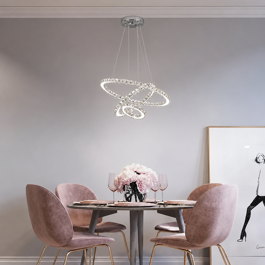 Zawieszany żyrandol LED z pilotem i kryształem PRISM LUMINIS 78,3 W, 3 koła, światło zimne/ciepłe/neutralne, możliwość przyciemniania, srebrny, regulacja wysokości