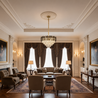 Żyrandol Kryształowy AURUM Elegance 9xE14, średnica 50cm, wysokość 35cm, błyszczące złoto, regulowana wysokość, elegancki design