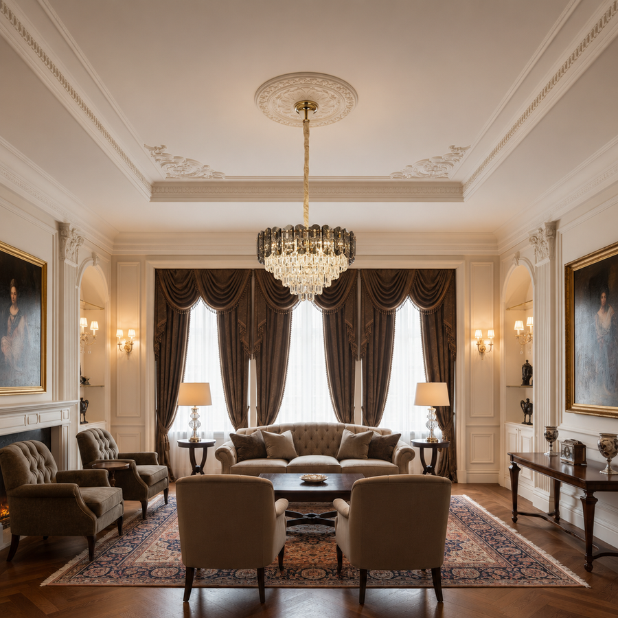 Żyrandol Kryształowy AURUM Elegance 9xE14, średnica 50cm, wysokość 35cm, błyszczące złoto, regulowana wysokość, elegancki design