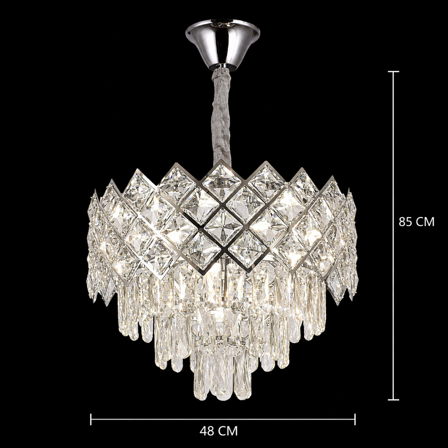 Żyrandol Kryształowy VECTORIA Eleganza 8xE14, średnica 48cm, Błyszczący Chrom, Regulowana Wysokość, Metal i Kryształ