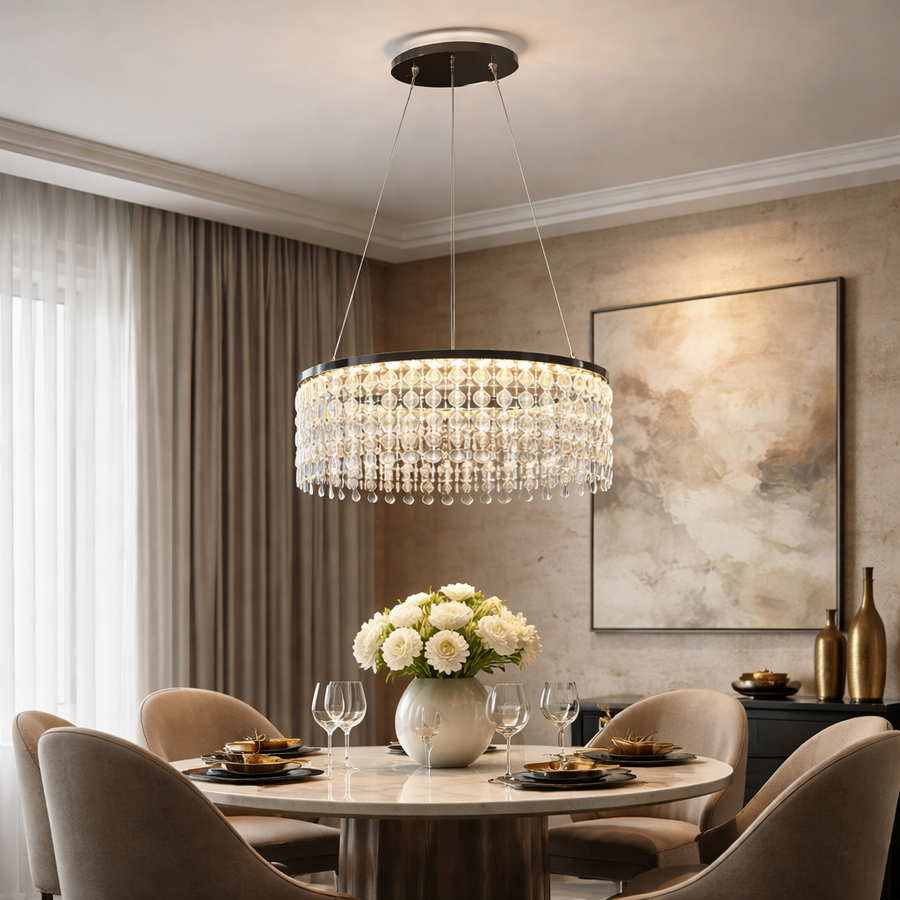 Żyrandol LED CC41003/400CH, średnica 40 cm, wysokość 120 cm, IP20, światło zimne/neutralne/ciepłe, możliwość przyciemniania, srebrny, kryształ, stal