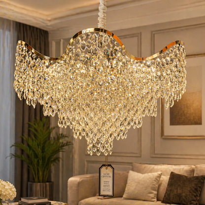 Candelabru Cristal VELOURA Eleganza 9xE14, D50 cm, Auriu, Inaltime Reglabila, Metal si Cristal