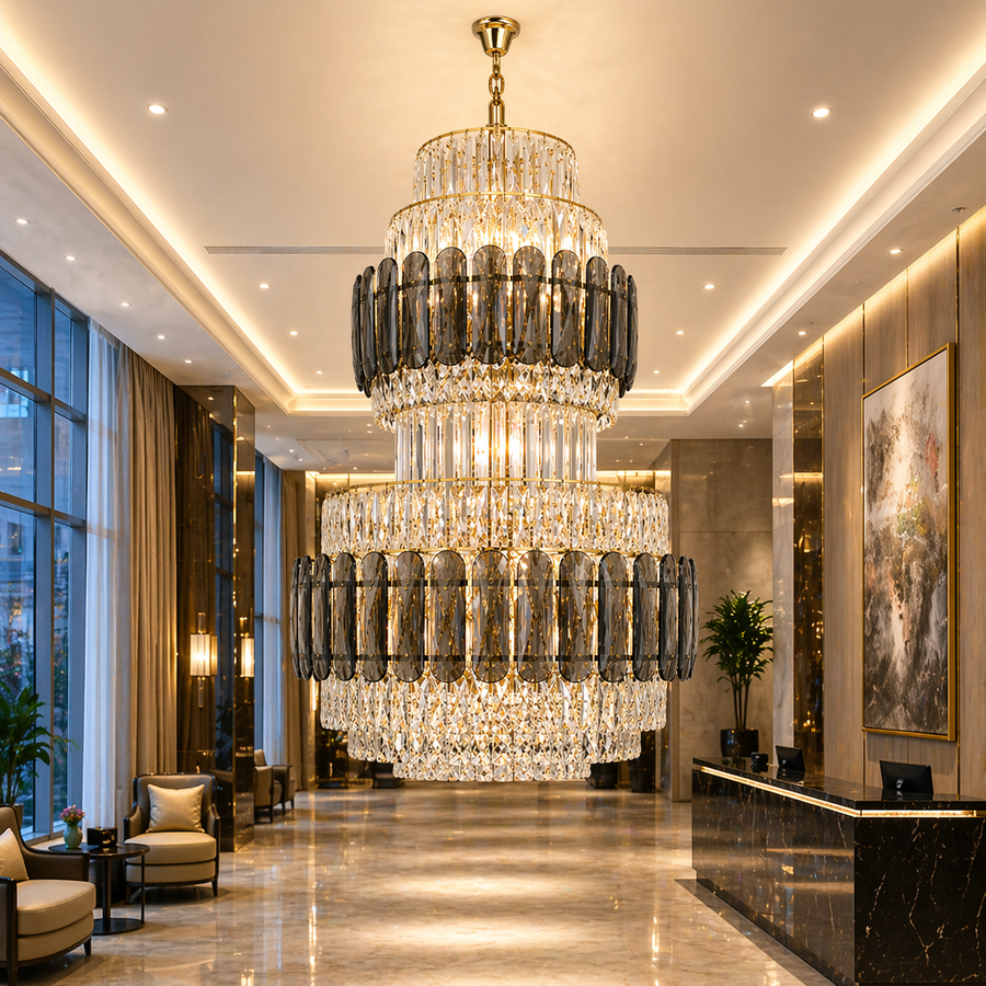Candelabru Cristal VELIOR Regalis 29xE14, D80 cm, Auriu, Inaltime Reglabila, Metal si Cristal