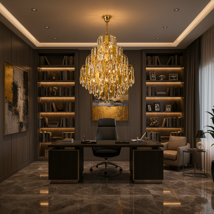 Candelabru Cristal TIER Nobile 8xE14, D40 cm, Auriu, Inaltime Reglabila, Metal si Cristal