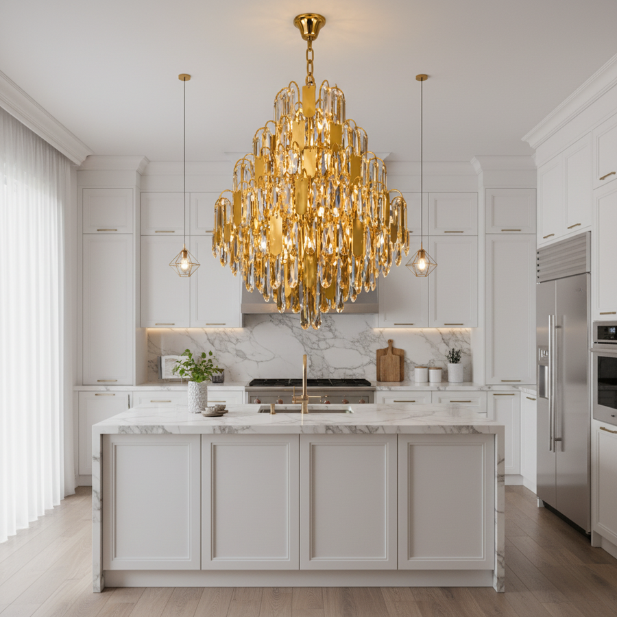 Candelabru Cristal TIER Nobile 8xE14, D40 cm, Auriu, Inaltime Reglabila, Metal si Cristal