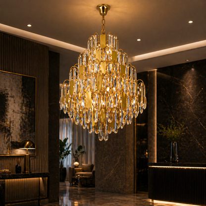 Candelabru Cristal TIER Eleganza 10xE14, D50 cm, Auriu, Inaltime Reglabila, Metal si Cristal