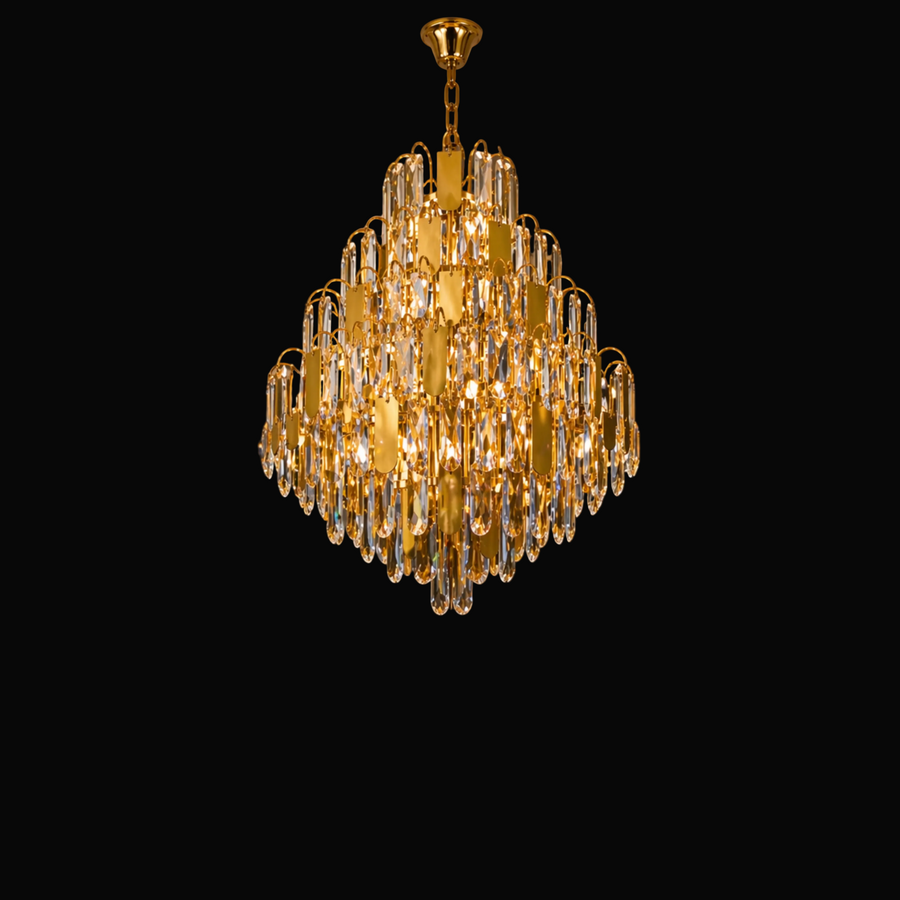 Candelabru Cristal TIER Regalis 21xE14, D80 cm, Auriu, Inaltime Reglabila, Metal si Cristal
