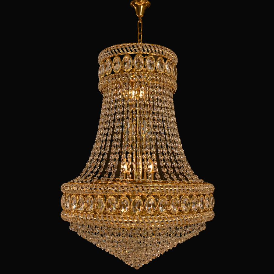 Candelabru Cristal EMPIRE Nobile 6xE14, D40 cm, Auriu, Inaltime Reglabila, Metal si Cristal