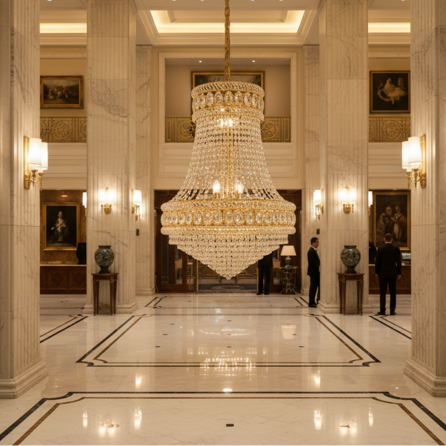 Candelabru Cristal EMPIRE Eleganza 10xE14, D50 cm, Auriu, Inaltime Reglabila, Metal si Cristal