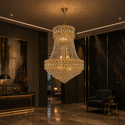 Candelabru Cristal EMPIRE Magno 10xE14, D60 cm, Auriu, Inaltime Reglabila, Metal si Cristal