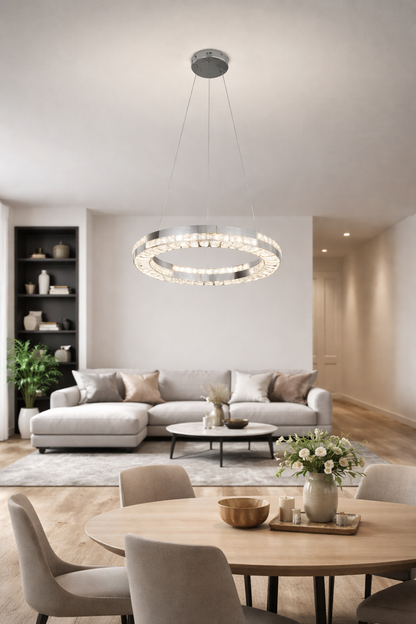 Żyrandol LED CC23007/500CH, średnica 50 cm, wysokość 120 cm, IP20, światło zimne/neutralne/ciepłe, możliwość przyciemniania, srebrny, kryształ, stal