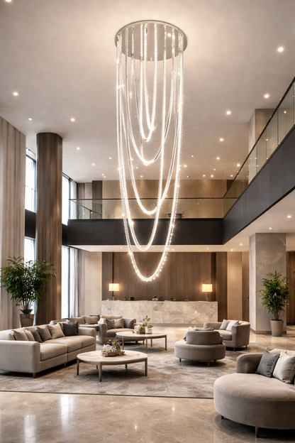 Żyrandol LED CC50303/800CH, średnica 80 cm, wysokość 200 cm, IP20, światło zimne/neutralne/ciepłe, możliwość przyciemniania, srebrny, kryształ, stal