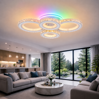 Żyrandol LED z pilotem i kryształem NOVA ROTONDA RGB 82W, 4 koła, światło zimne/ciepłe/neutralne, możliwość przyciemniania, biały