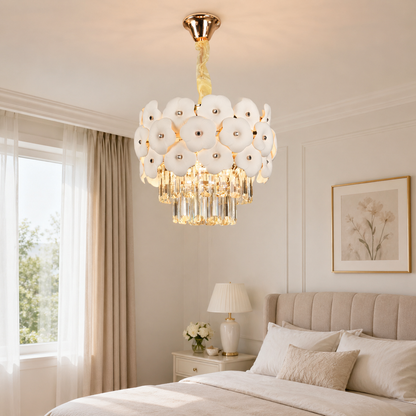 Candelabru Cristal PETAL Petito 3xE14, D30 cm, Auriu, Inaltime Reglabila, Metal si Cristal