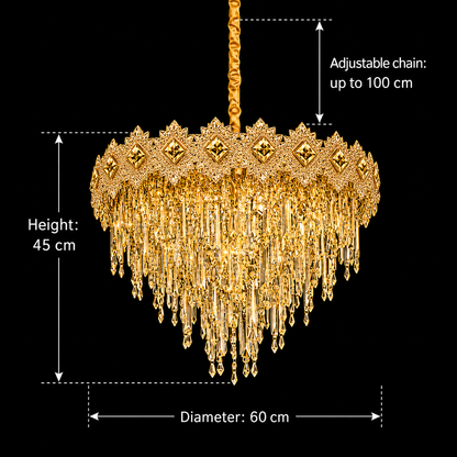 Żyrandol Kryształowy FLEUR Magno 12xE14, średnica 60cm, wysokość 45cm, błyszczące złoto, regulowana wysokość, elegancki design
