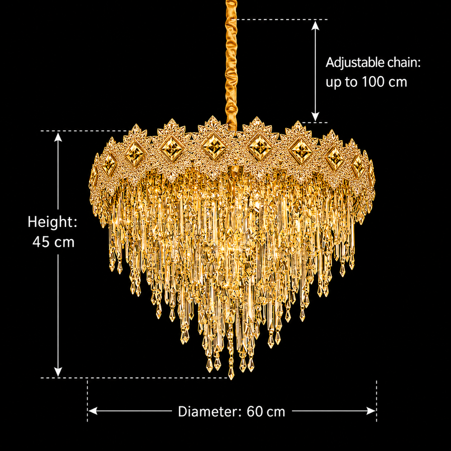 Żyrandol Kryształowy FLEUR Magno 12xE14, średnica 60cm, wysokość 45cm, błyszczące złoto, regulowana wysokość, elegancki design