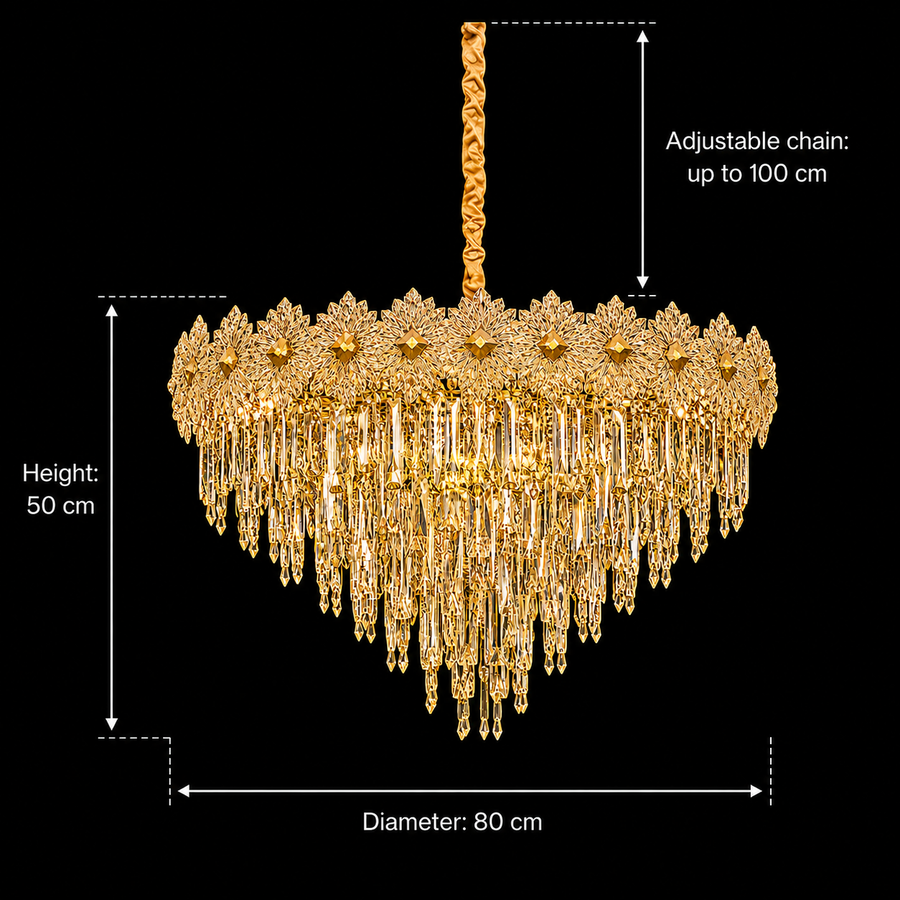 Żyrandol Kryształowy FLEUR Regalis 22xE14, średnica 80cm, wysokość 50cm, błyszczące złoto, regulowana wysokość, elegancki design