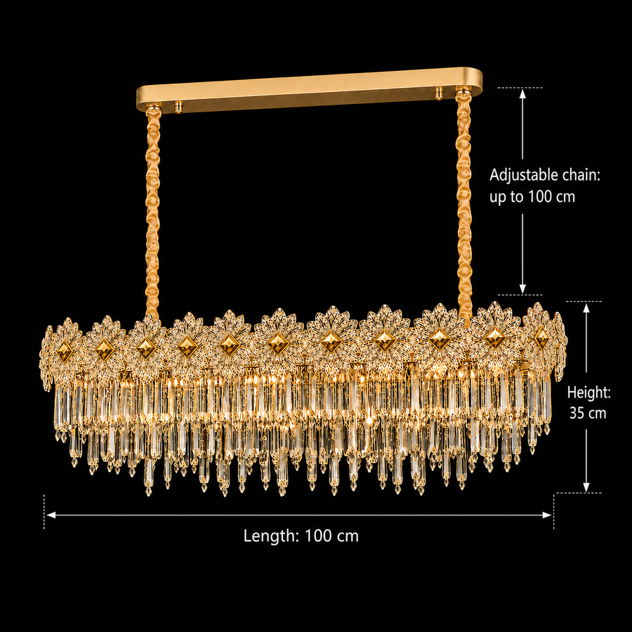 Żyrandol Kryształowy FLEUR Supremo 14xE14, Rozmiar 100x35 cm, Wysokość 35 cm, Błyszczące Złoto, Regulowana Wysokość, Elegancki Design