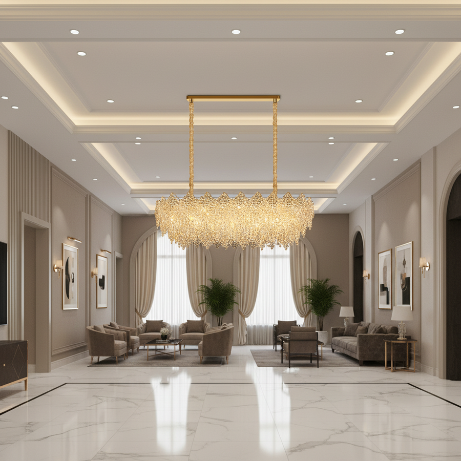 Candelabru Cristal LACE Royale 11xE14, Dimensiune 83x33 cm, Inaltime 31 cm, Auriu Lucios, Inaltime Reglabila, Design Elegant