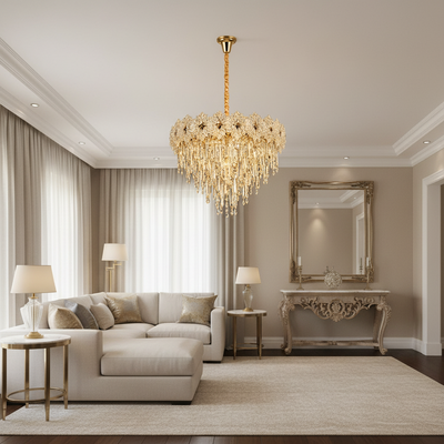 Żyrandol Kryształowy FLEUR Magno 12xE14, średnica 60cm, wysokość 45cm, błyszczące złoto, regulowana wysokość, elegancki design