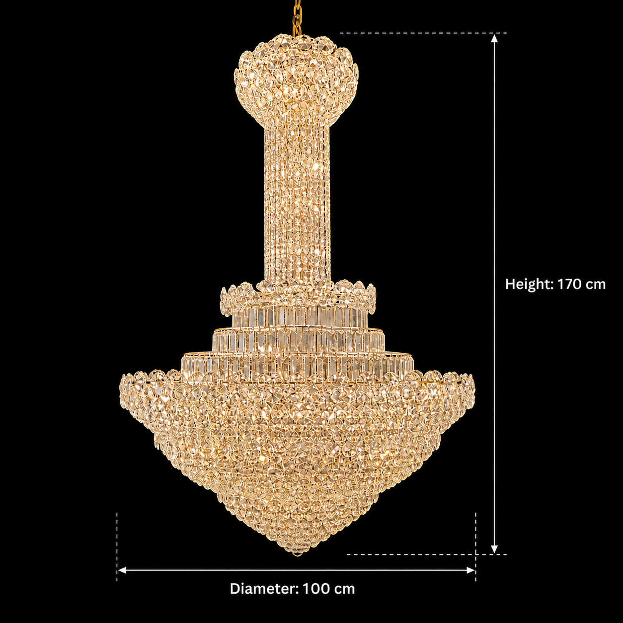 Żyrandol kryształowy PALAIS Supremo 34xE14, średnica 100 cm, wysokość 170 cm, błyszczące złoto, regulowana wysokość, elegancki wygląd Kryształowy żyrandol Domyślny tytuł Alessandro Design