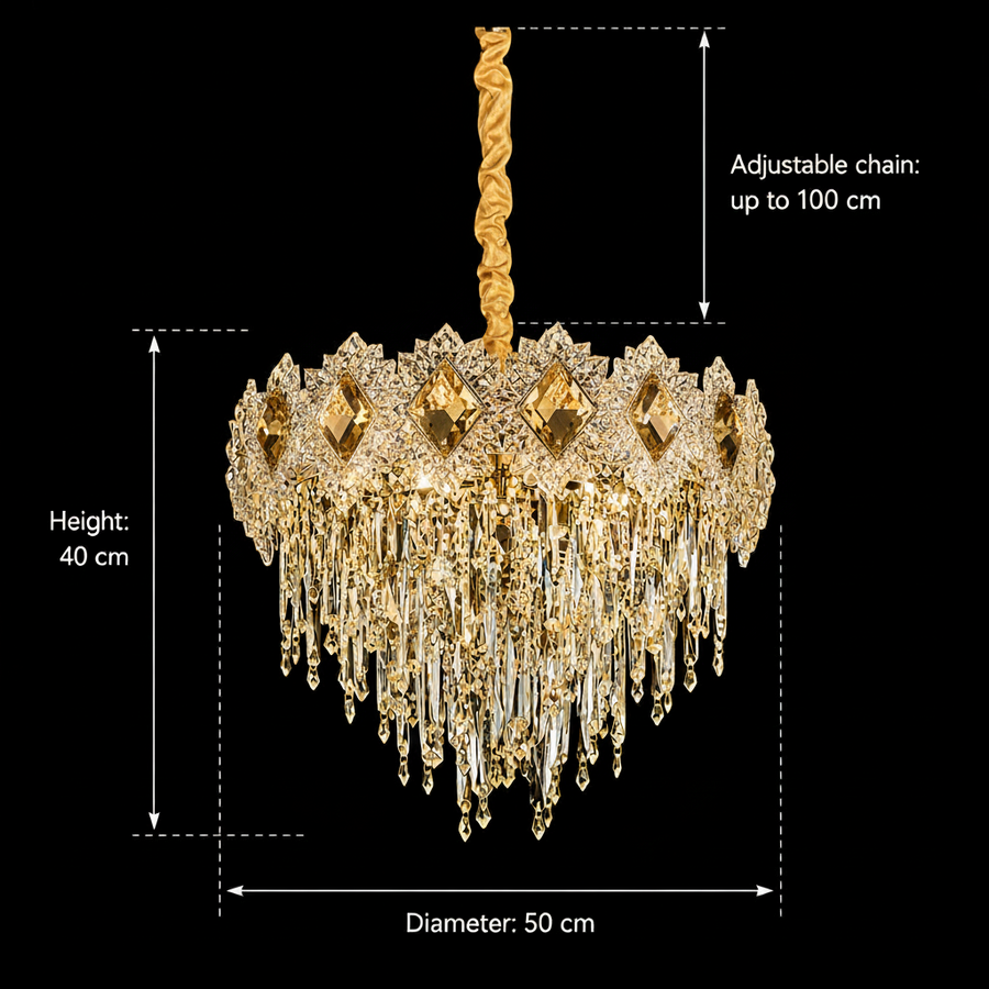 Żyrandol kryształowy FLEUR Eleganza 9xE14, średnica 50cm, wysokość 40cm, błyszczące złoto, regulowana wysokość, elegancki design Kryształowy żyrandol Domyślny tytuł Alessandro Design